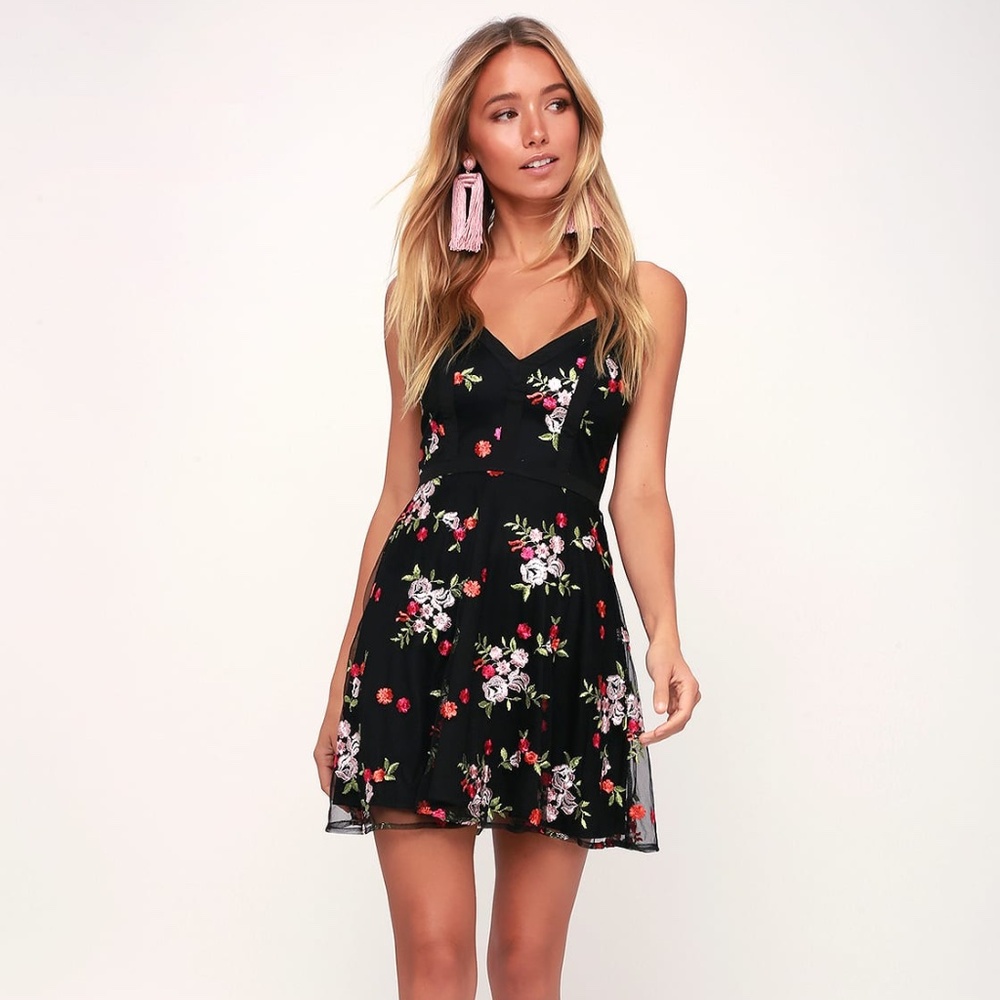 Lulus Favorite Fleur Black Floral Mesh Embroidered Skater Dress (Size XS)